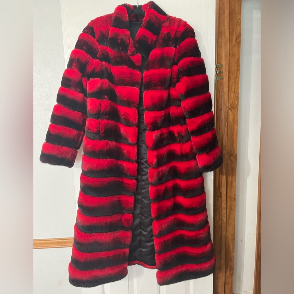 Rex Rabbit Fur Coat Size Medium Red & Black